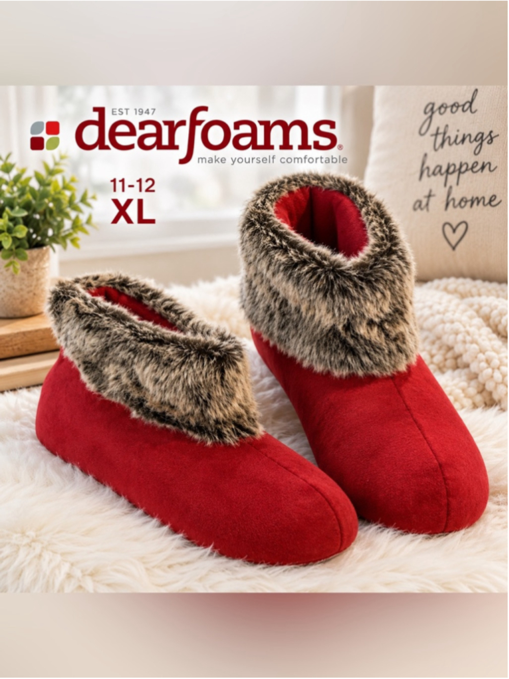 Dearfoams Maroonish Red Faux Fur Bootie Slippers XL 11-12 Indoor Outdoor